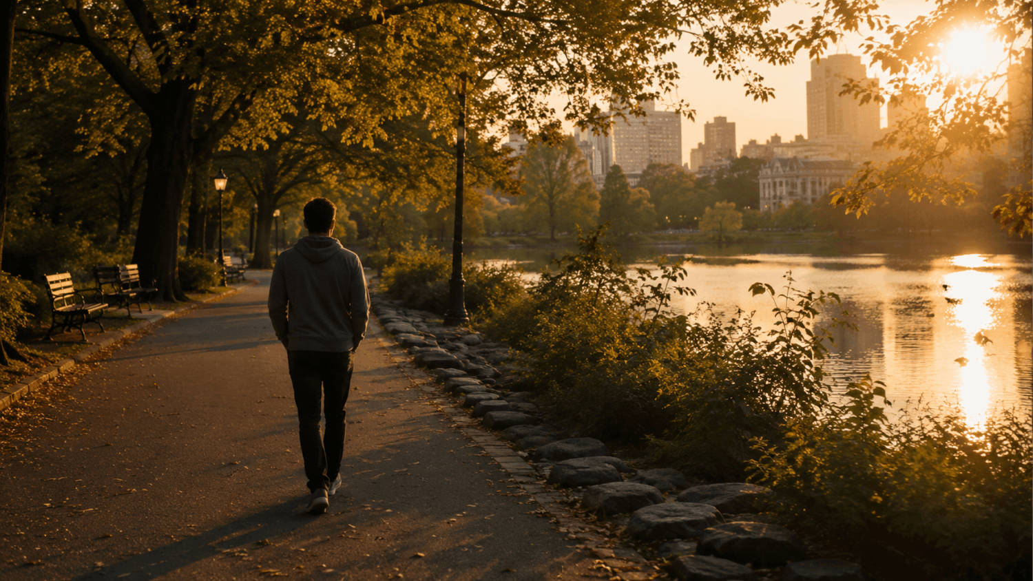 Person walking thoughtfully along a peaceful city park path during golden hour sunlight.
