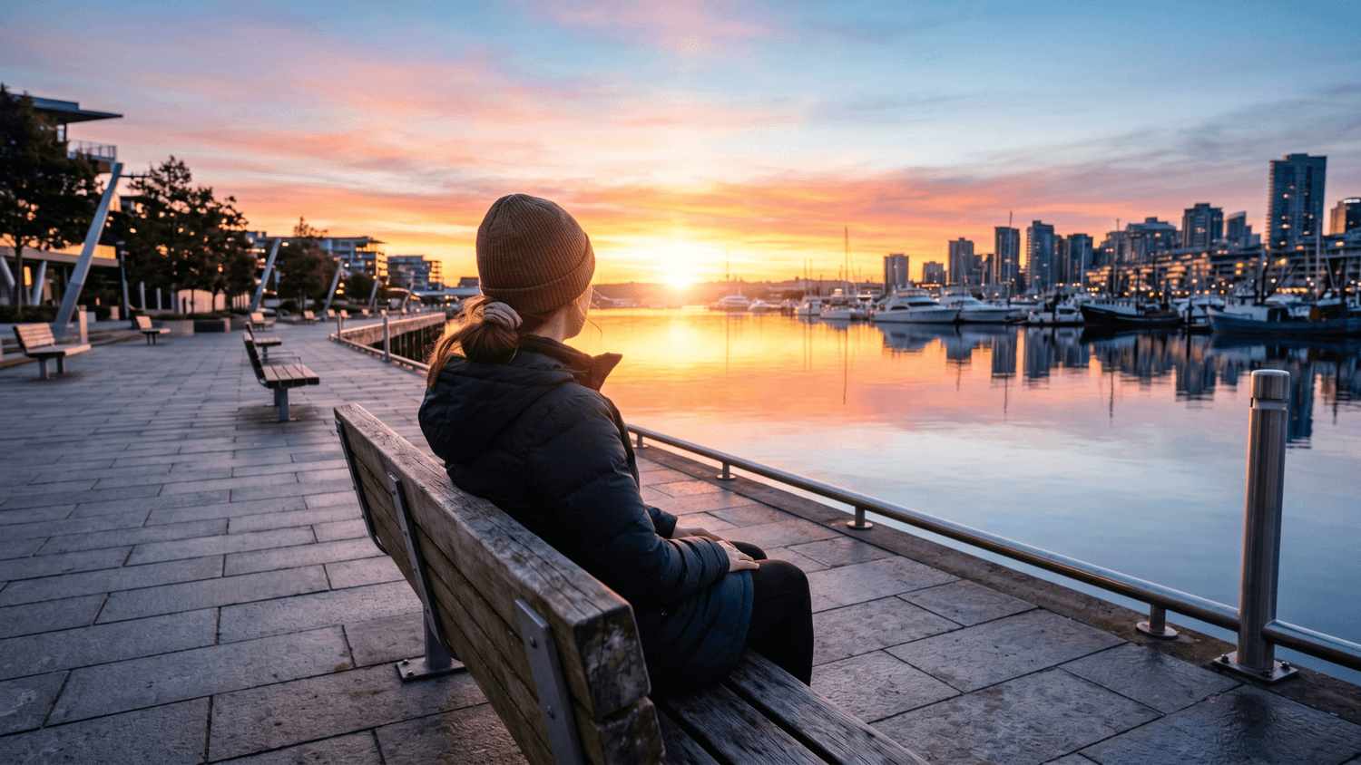Person sitting on a bench along a waterfront promenade at sunrise, reflecting peacefully as morning light spreads across the water.