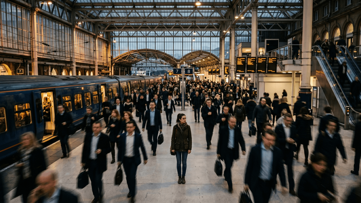 A person stands still in a busy commuter train station during rush hour, appearing emotionally detached as crowds move around them.