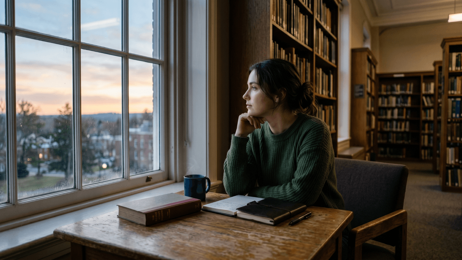 A person sits quietly in a public library beside a closed notebook and book while looking thoughtfully through large windows in the morning light.