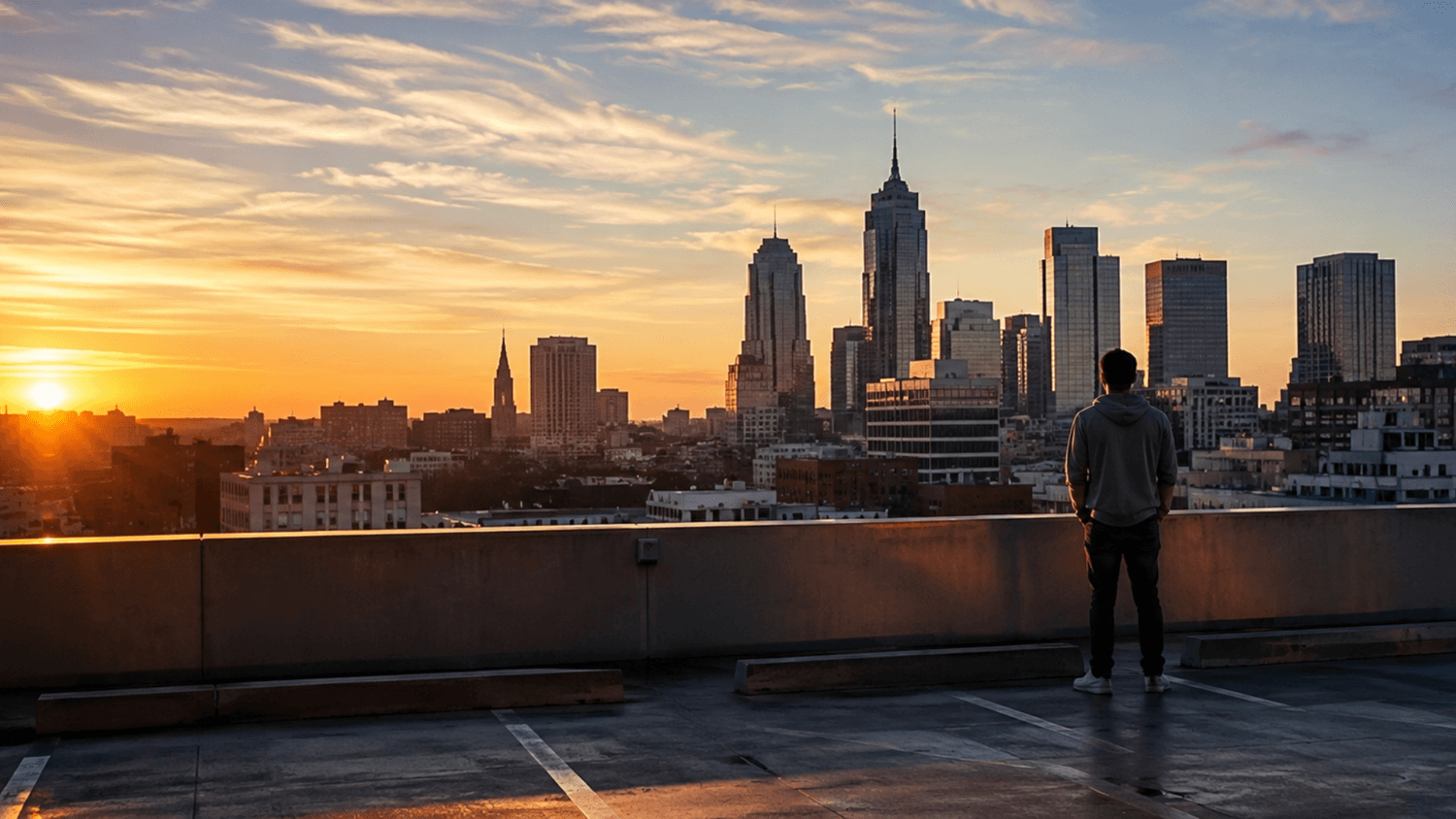 A person stands on a rooftop parking garage at sunrise overlooking a city skyline in a quiet moment of reflection.