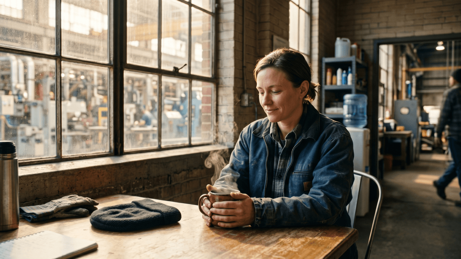 A factory worker sits peacefully with a cup of coffee in a quiet breakroom as morning sunlight enters through industrial windows.