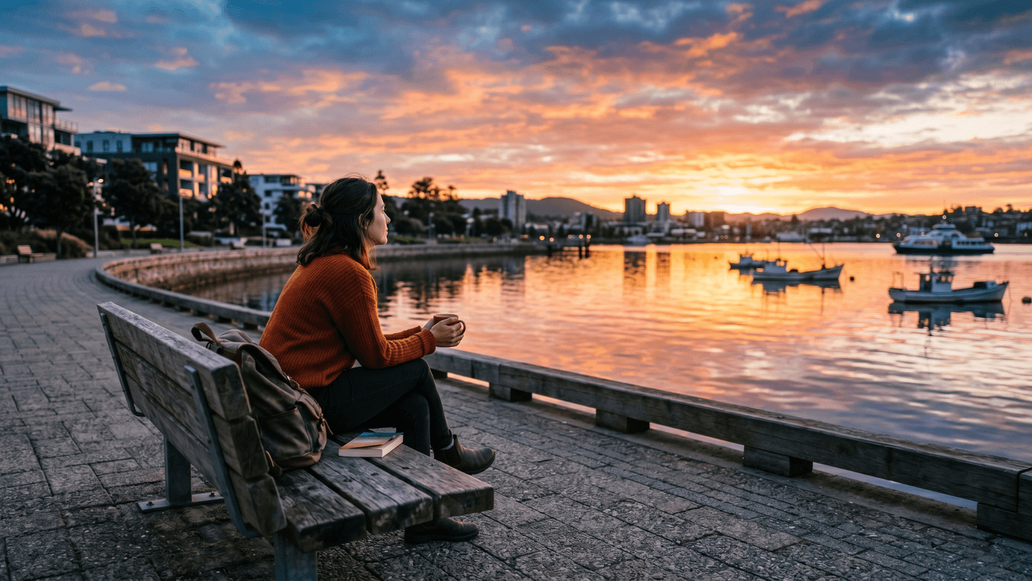 A person sits on a bench along a waterfront promenade at sunrise, looking out over calm water in a peaceful and hopeful setting.