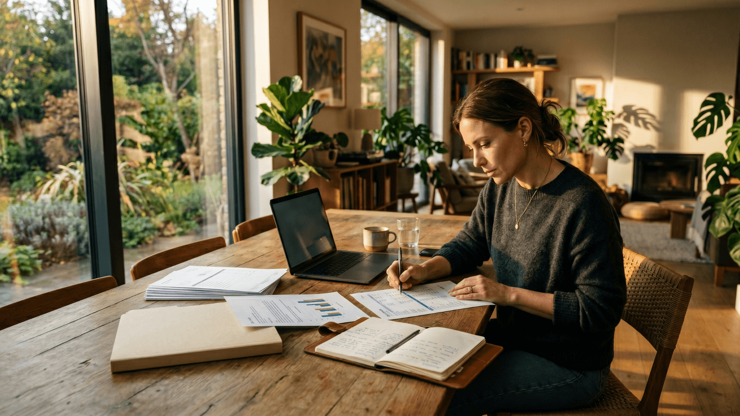 Entrepreneur reviewing bank statements and expense reports at a dining table with organized paperwork and warm afternoon sunlight.