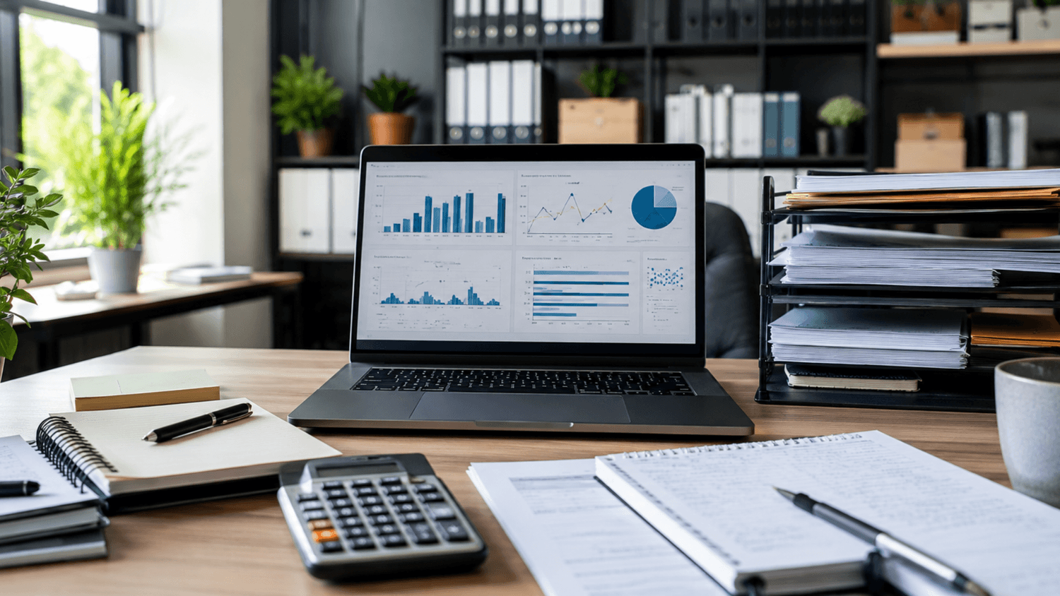Small business office workspace with financial dashboards displayed on a laptop alongside notebooks, a calculator, and organized expense folders.