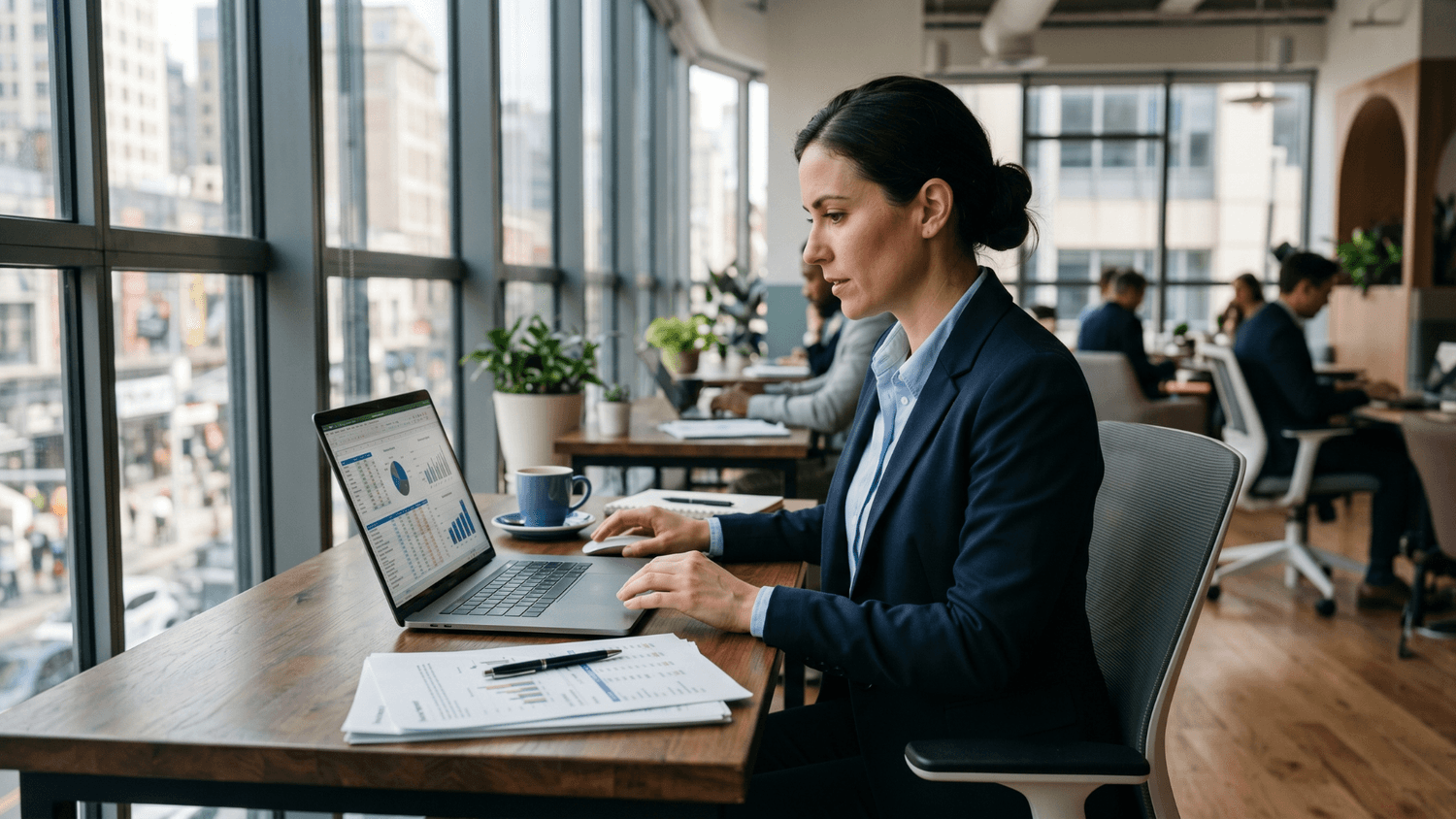Business owner analyzing monthly financial reports on a laptop at a modern coworking space with natural light streaming through large windows.