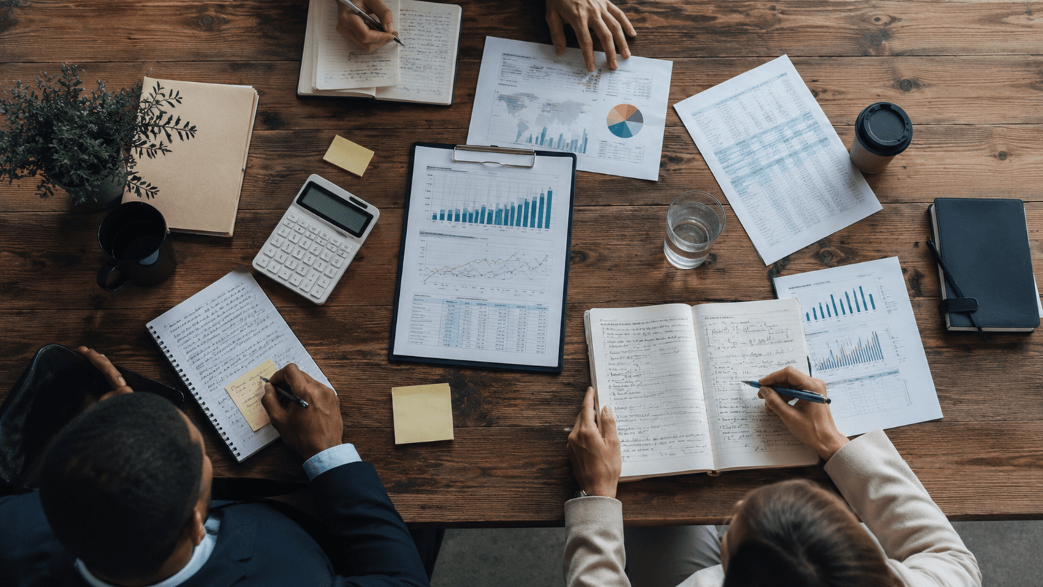 Overhead view of a business planning session with financial reports, handwritten goals, a notebook, calculator, and coffee cup on a wooden table.