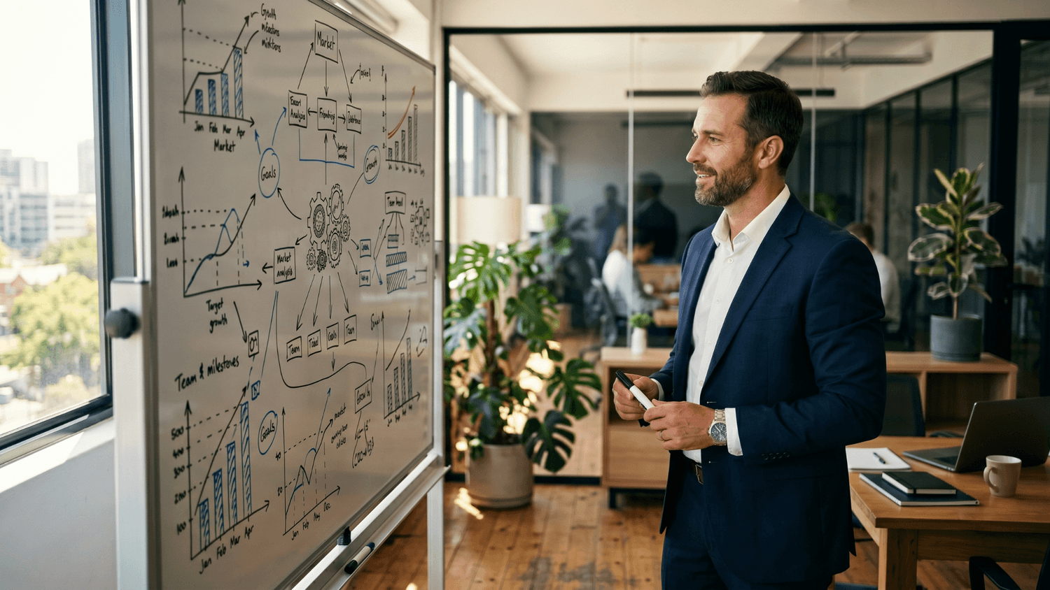 Entrepreneur standing in front of a planning board displaying business goals and financial milestones in a bright office environment.