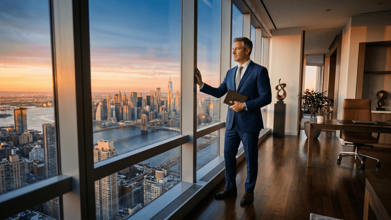 Confident business owner holding a notebook with financial plans while standing near office windows overlooking a city skyline at sunrise.