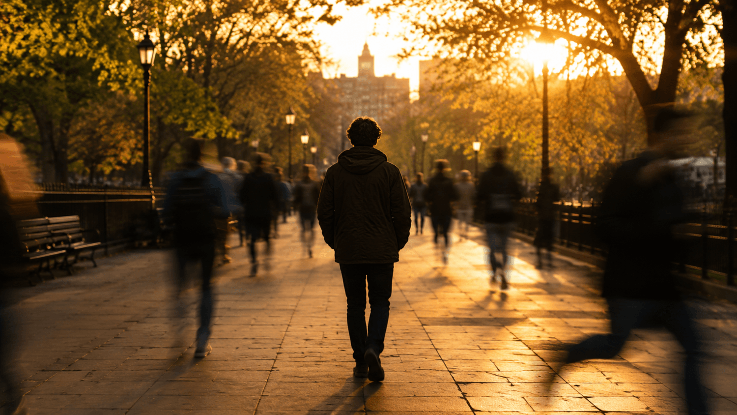 Person walking steadily along a city park path while others move quickly in the background during golden hour.