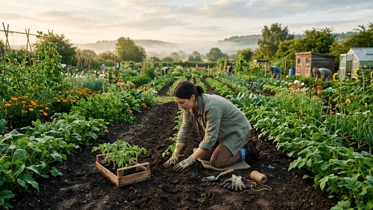 Person planting small seedlings in a community garden with rows of growing plants extending into the distance.