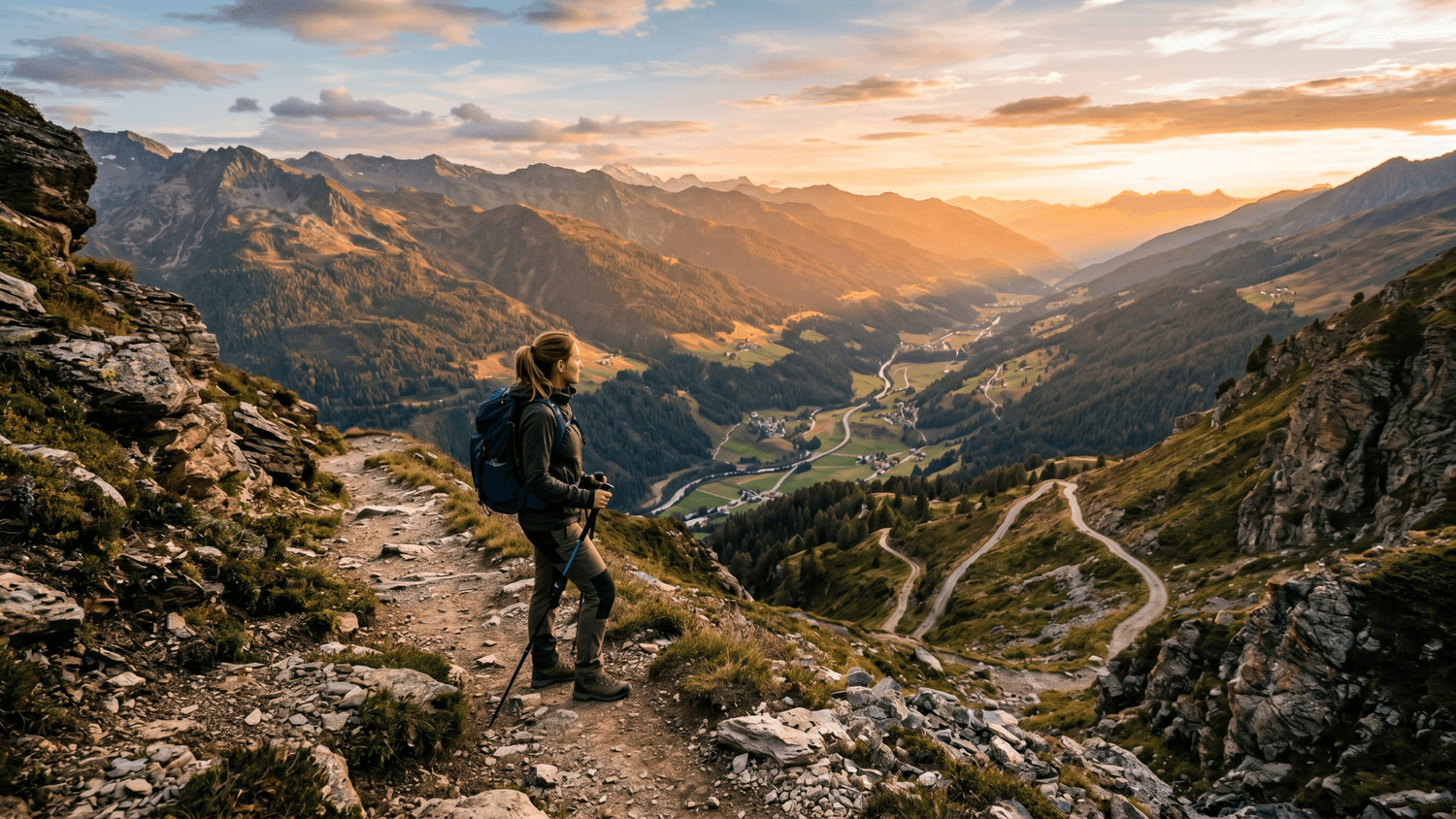 Person standing halfway up a mountain trail overlooking a valley and reflecting on the distance already traveled.