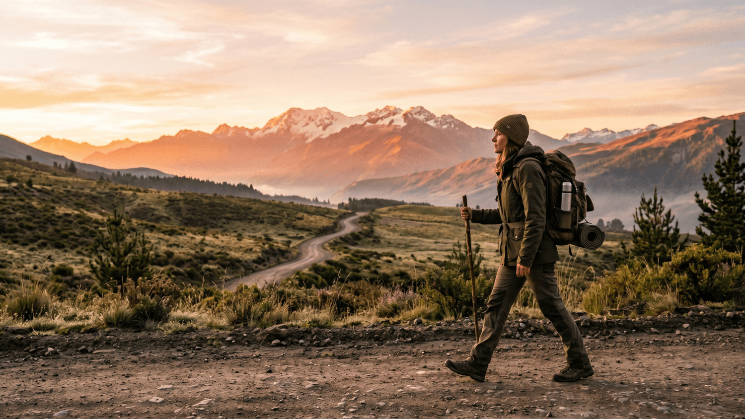 Single traveler walking along a winding road toward distant mountains at sunrise under warm golden light.