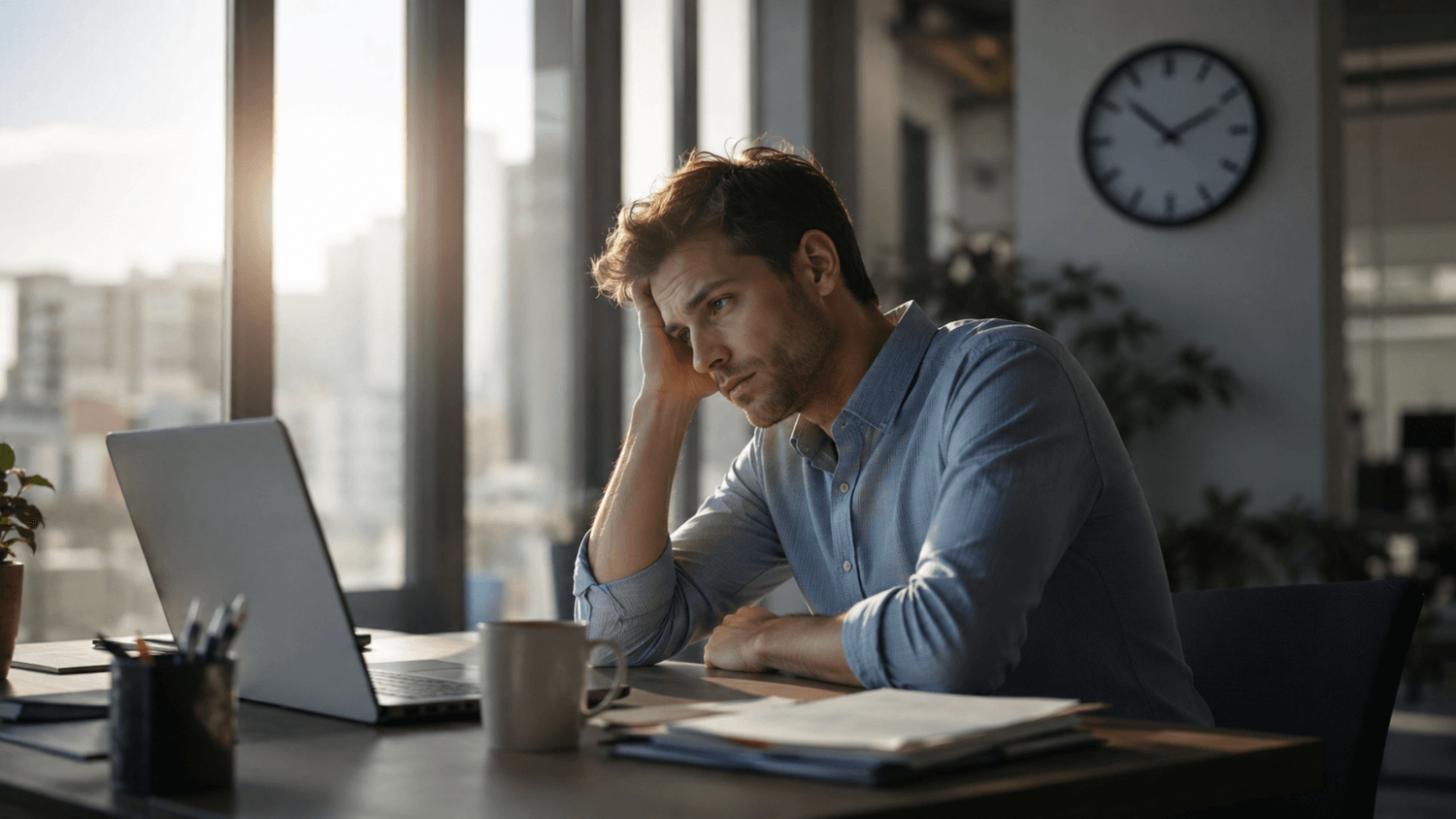 Person experiencing an afternoon energy slump at a workplace desk with sunlight streaming through office windows.
