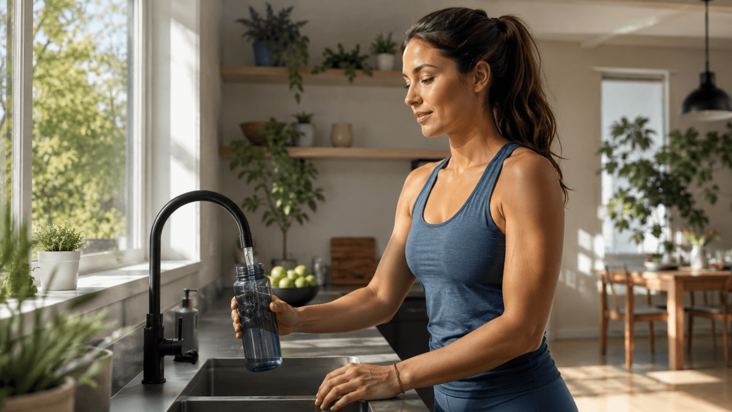 Person filling a reusable water bottle in a bright kitchen during the morning as part of a healthy daily routine.
