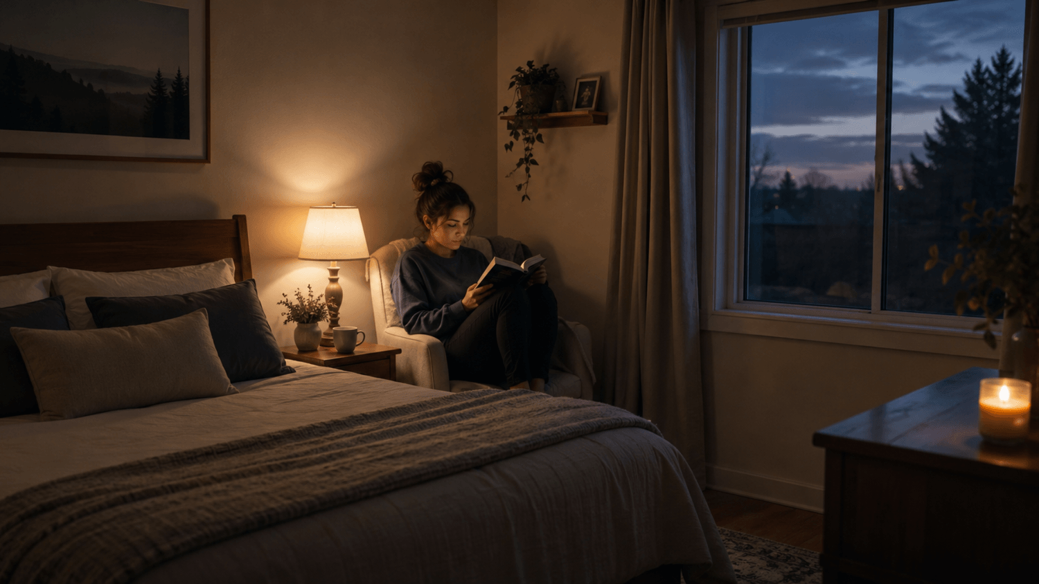 Person reading a book beside a neatly made bed during the evening while preparing for a consistent sleep schedule.