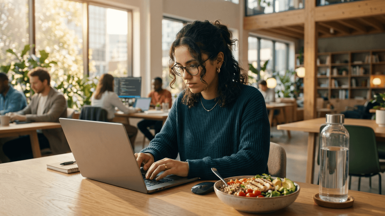 Professional working in a bright coworking space with a healthy lunch and water bottle supporting sustained energy levels.