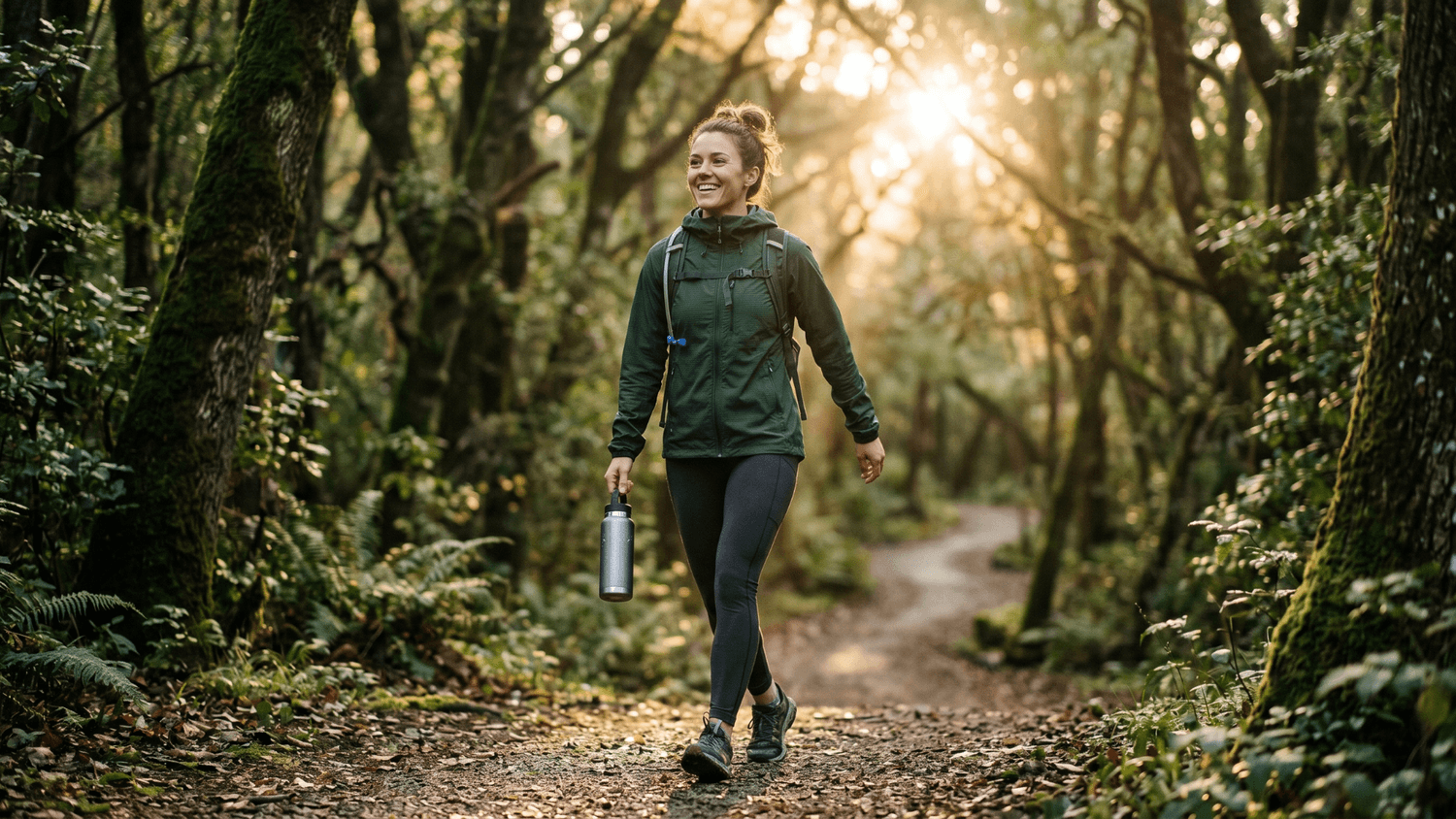 Person walking through a peaceful city park carrying a water bottle and enjoying an energized morning routine.