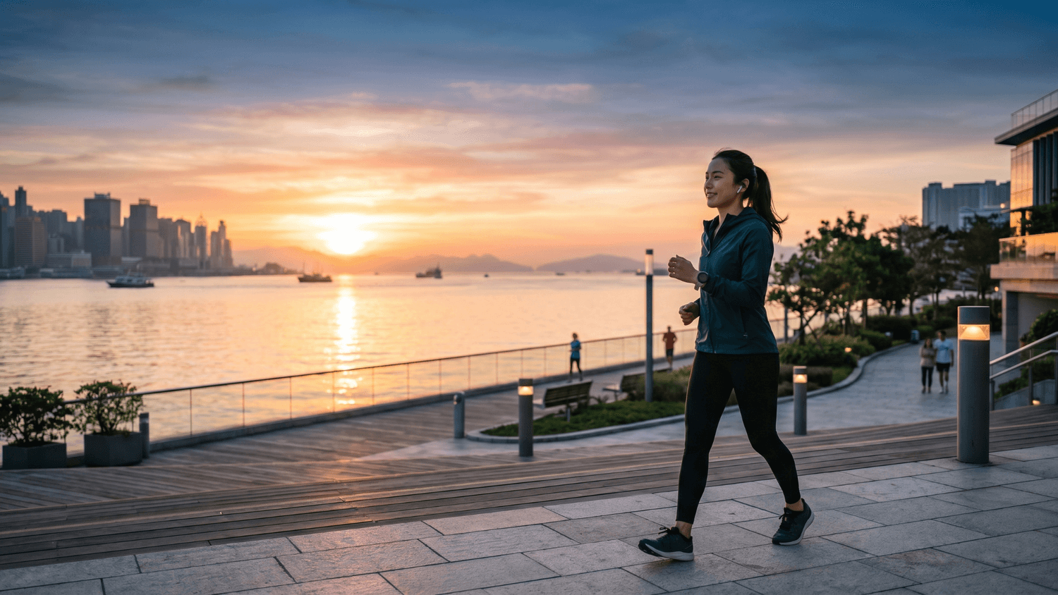 Person walking along a waterfront path at sunrise with calm water and golden light reflecting a healthy lifestyle.