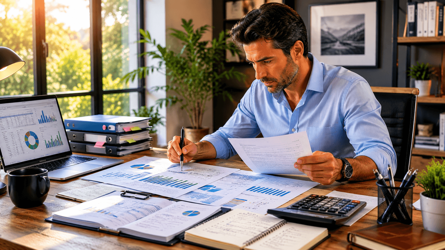 Entrepreneur reviewing monthly income and expense reports in a clean home office with organized folders, a calculator, and warm afternoon sunlight.