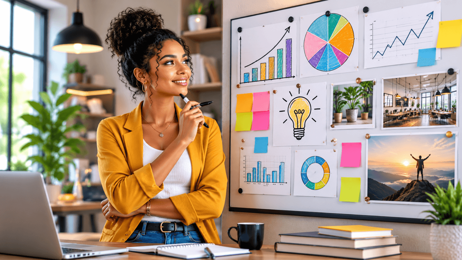 Small business owner standing beside a financial planning board showing goals, savings targets, and business milestones in a bright office.