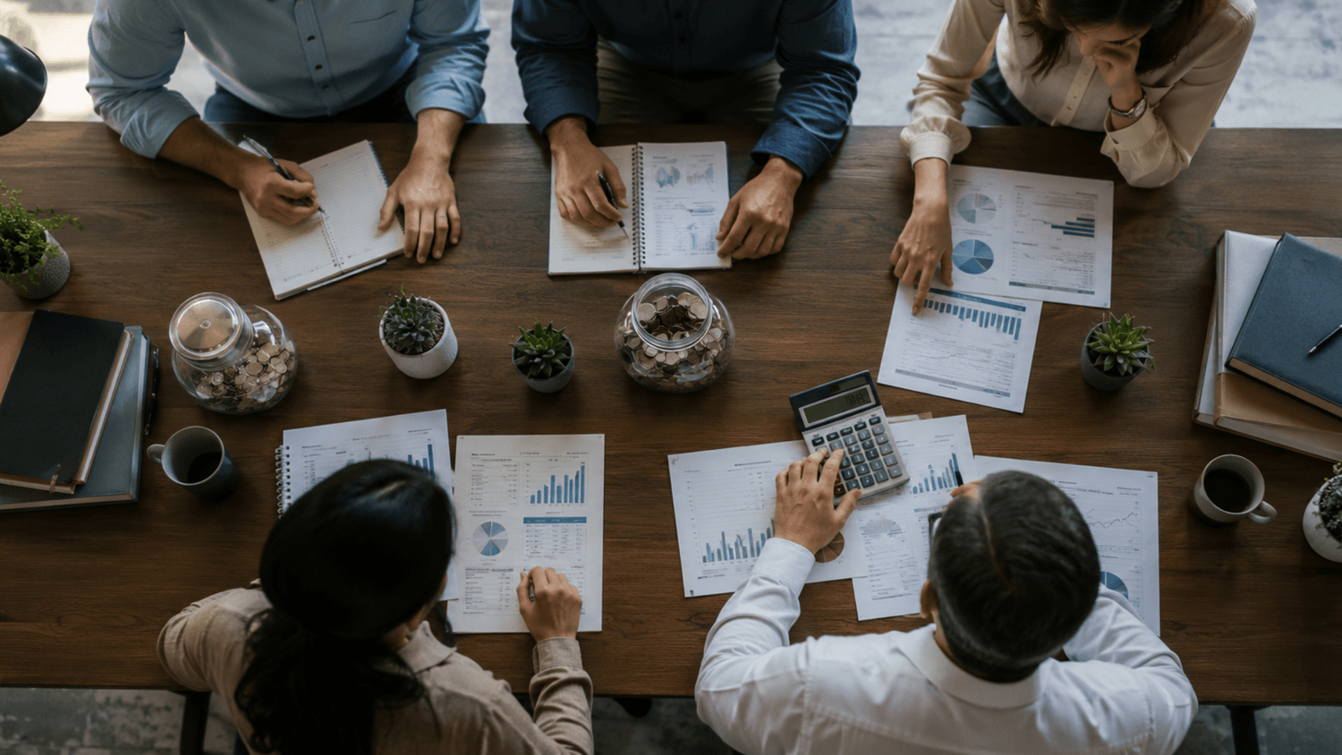 Overhead view of a financial planning session with investment reports, savings goals, notebooks, and organized paperwork spread across a conference table.