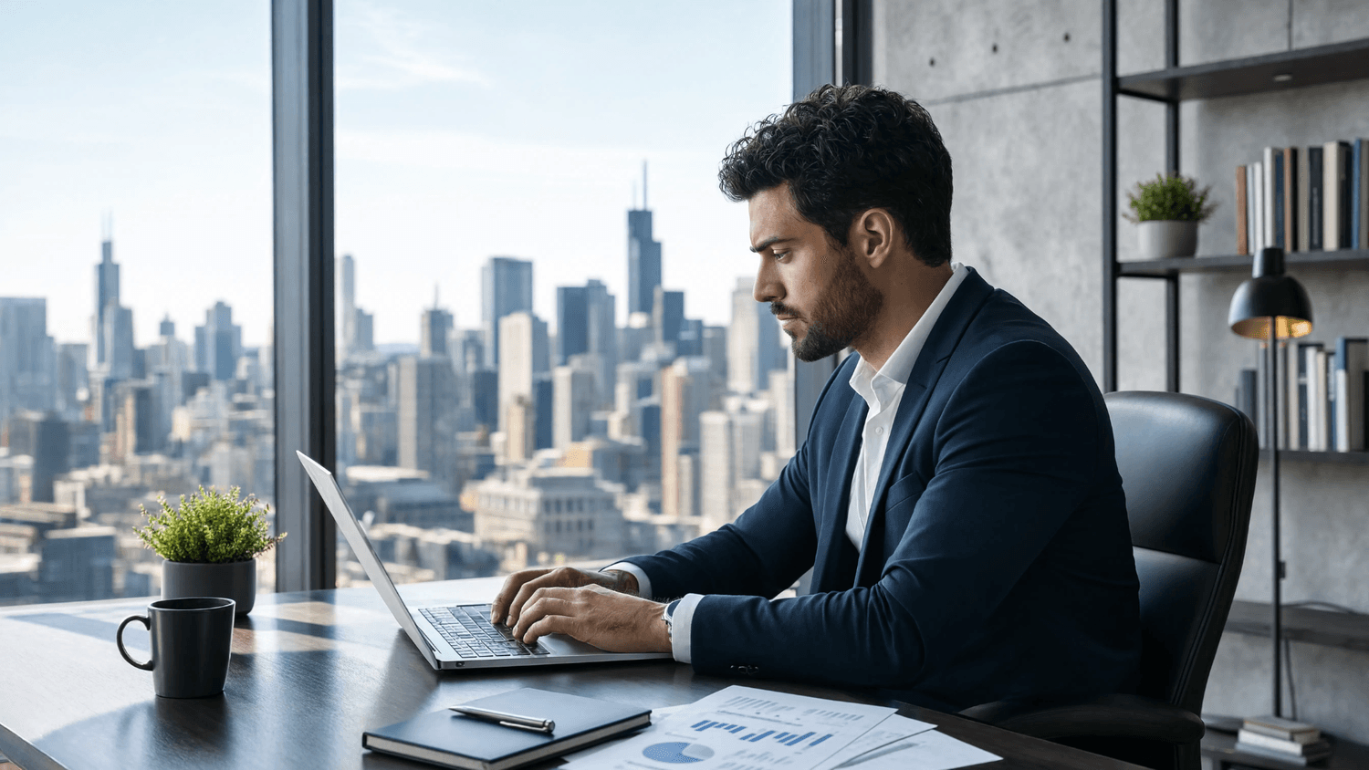 Professional reviewing monthly financial goals on a laptop near large office windows overlooking a city skyline during the morning.