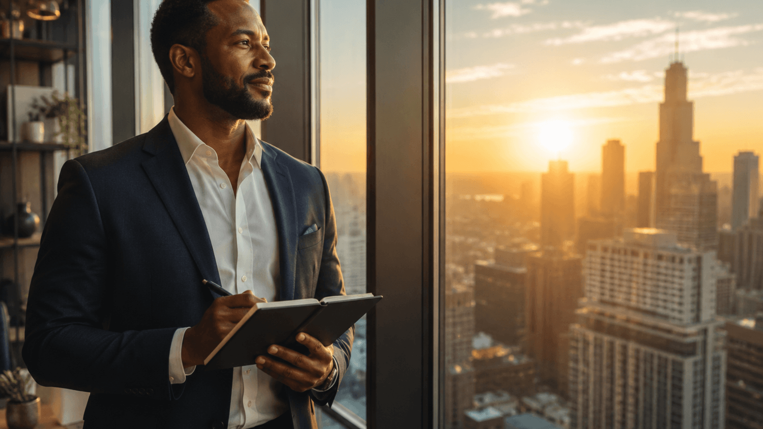 Business owner standing near office windows at sunrise holding a notebook with long-term financial systems and planning strategies.