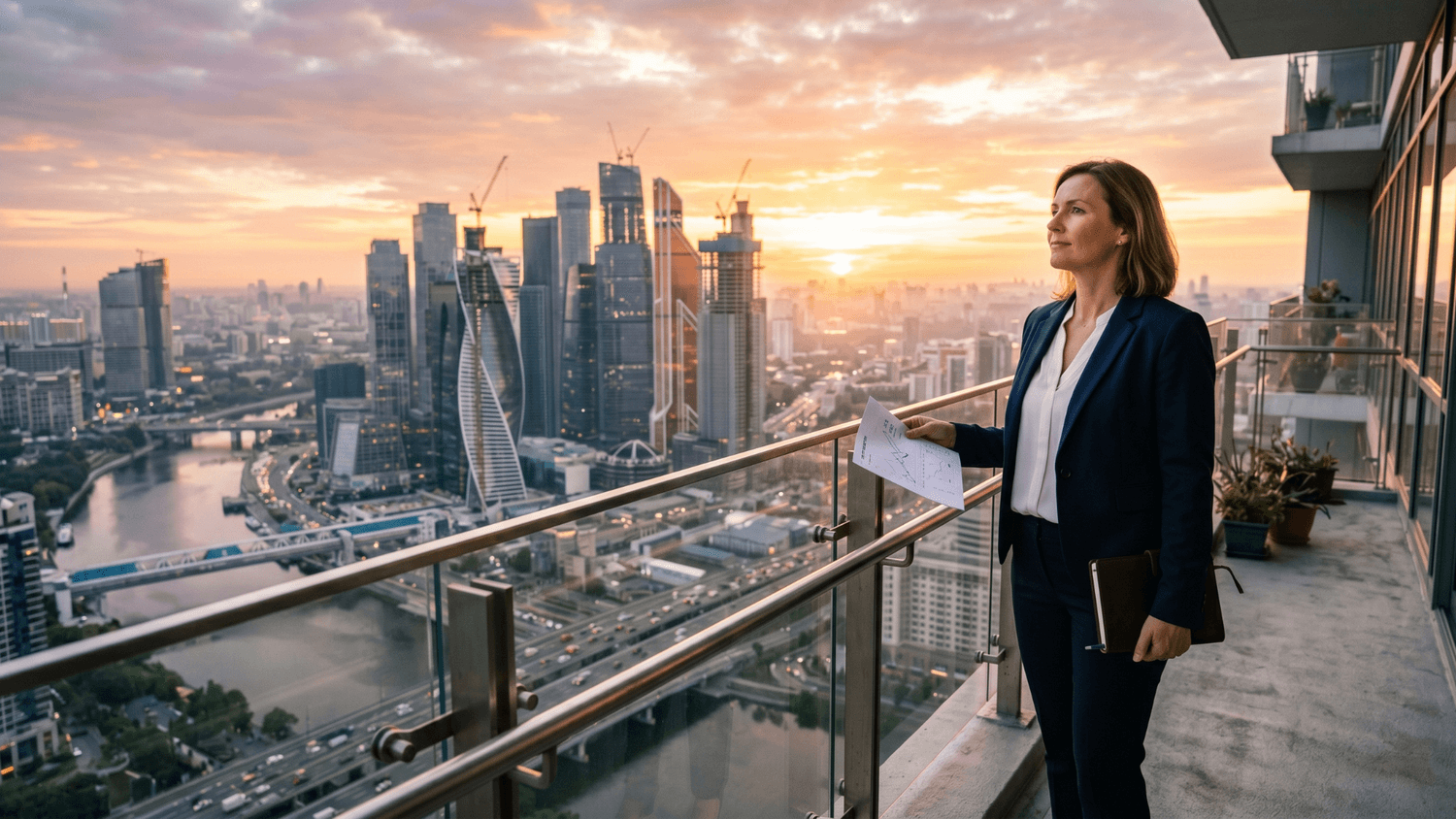Business owner standing on a modern office balcony at sunrise overlooking a growing city skyline while holding a financial roadmap notebook.