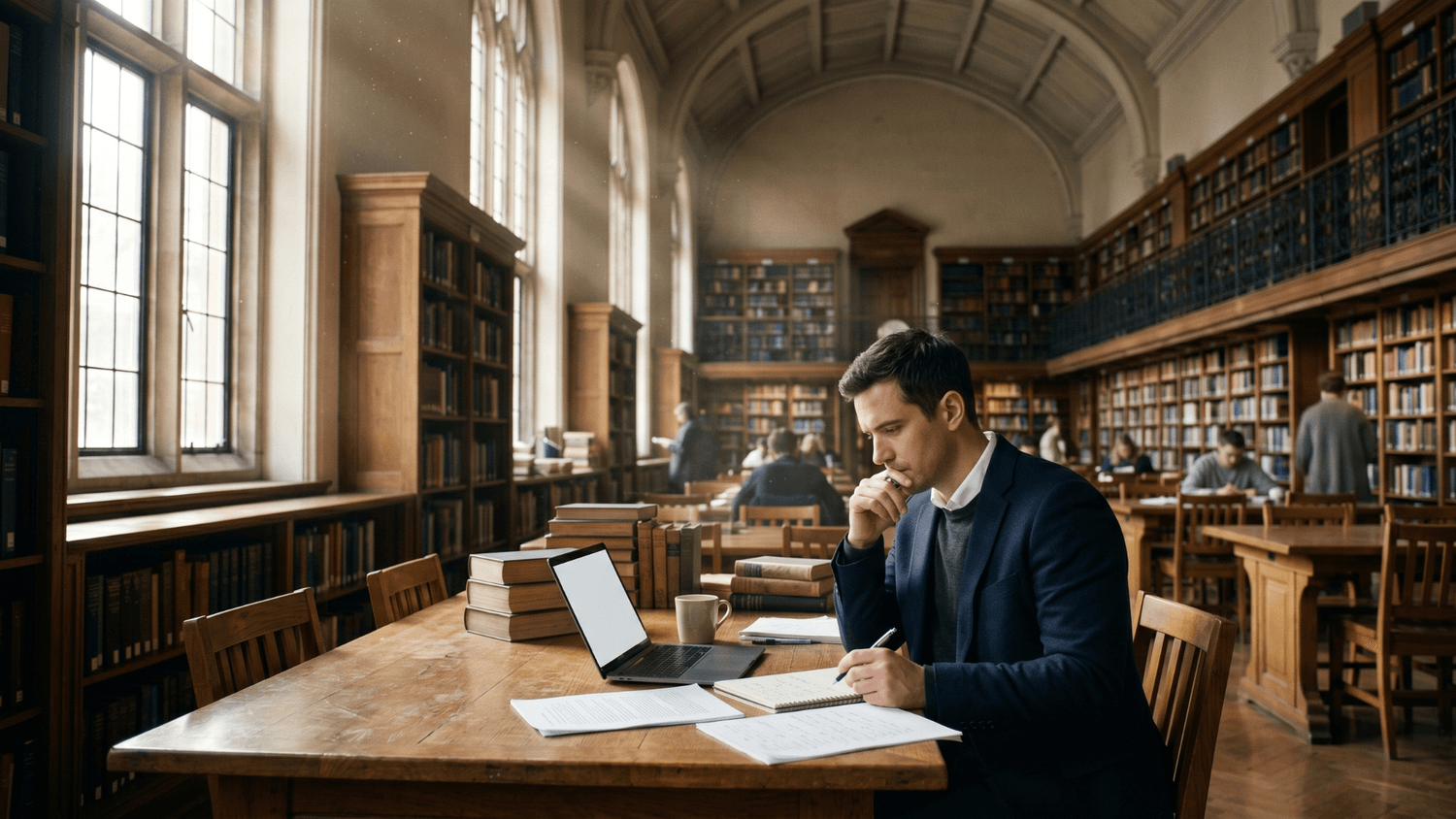 Professional sitting in a public library reviewing notes and career options near tall sunlit windows in a thoughtful learning environment.