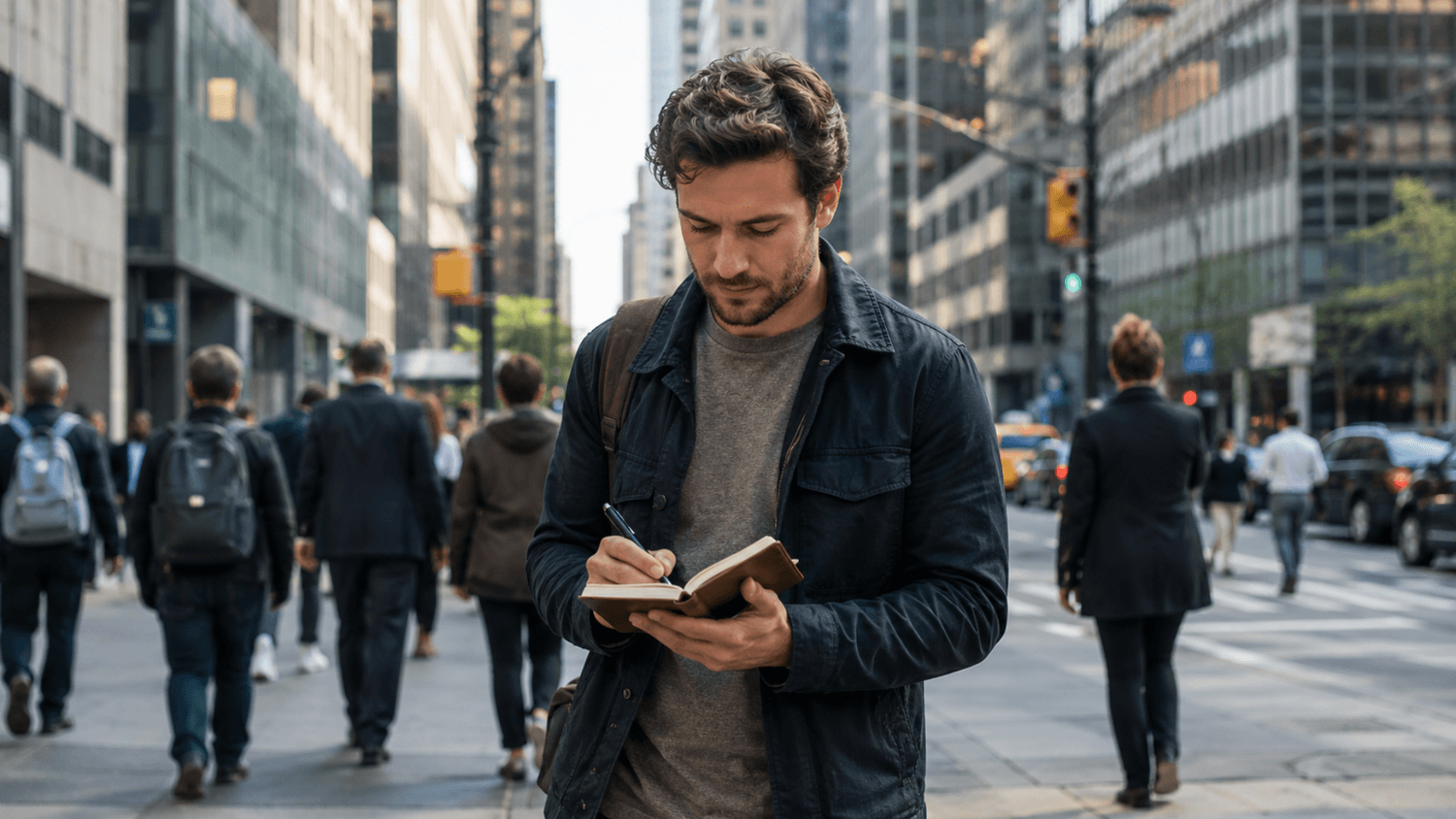 Entrepreneur walking through a busy city street while reviewing ideas in a notebook, surrounded by movement and opportunity.