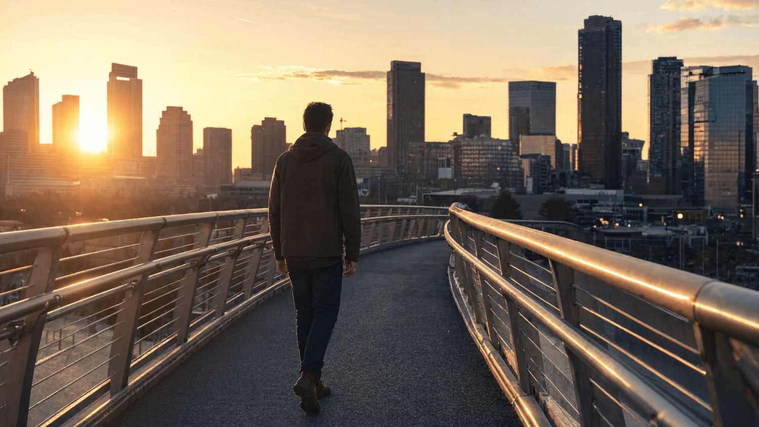 Person taking the first step onto a pedestrian bridge at sunrise with a city skyline visible in the distance.