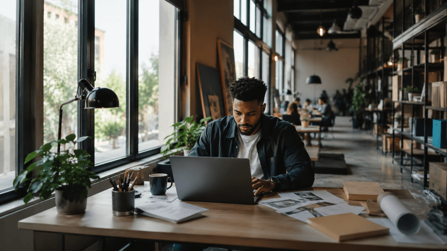 Individual working on a personal project in a bright community workspace with a focused expression and organized surroundings.