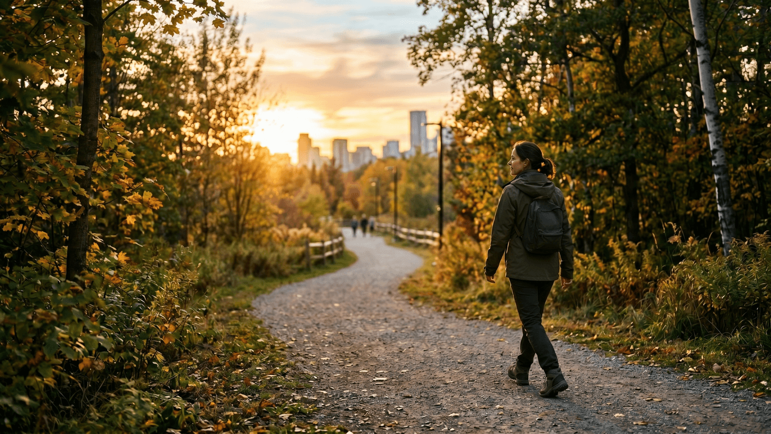 Person walking along a winding path through a city park during late afternoon with sunlight filtering through the trees.