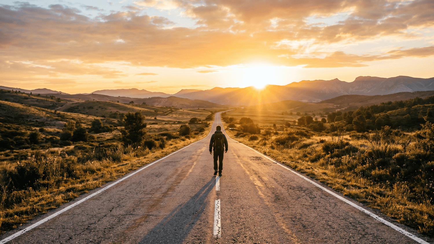 Sunrise over a long road leading toward distant hills as a person walks confidently toward the horizon, symbolizing clarity through action.