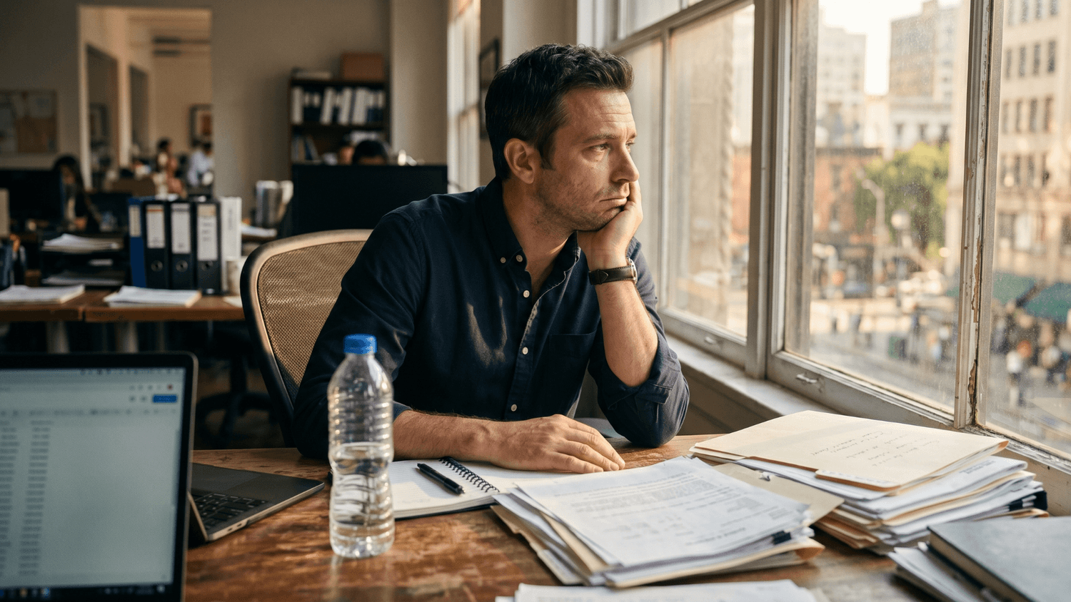 Office worker experiencing an afternoon energy slump while sitting at a desk with a water bottle and unfinished work nearby.
