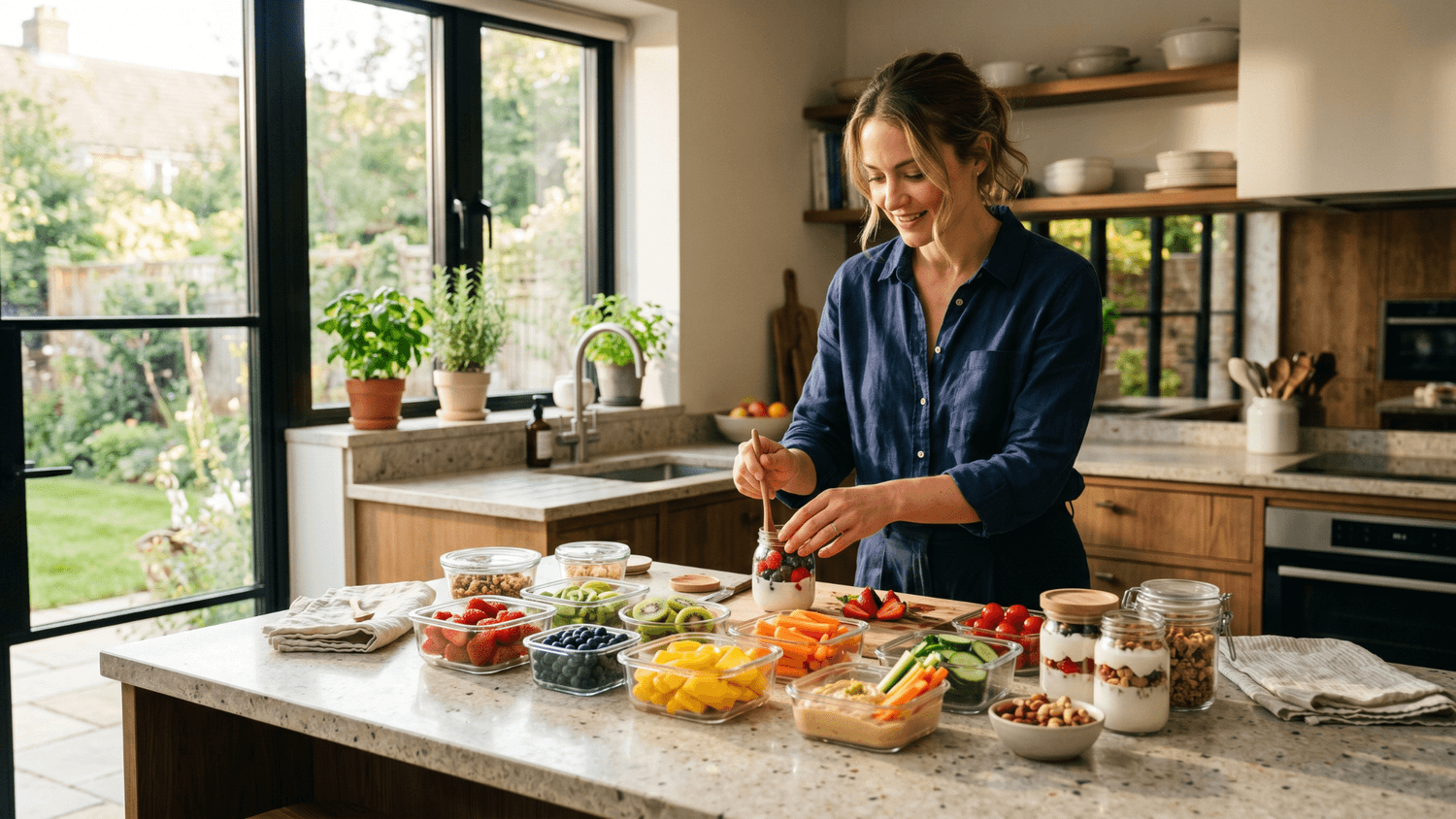 Person preparing healthy grab-and-go snacks with fruit, nuts, yogurt, and vegetables in a bright kitchen.