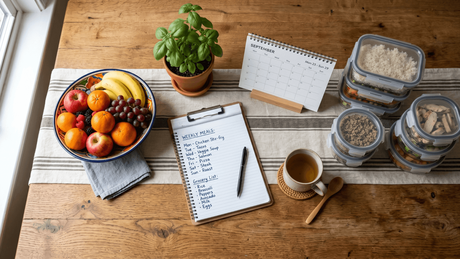 Weekly meal planning session with healthy foods, grocery list, calendar, reusable containers, and water bottle on a kitchen table.