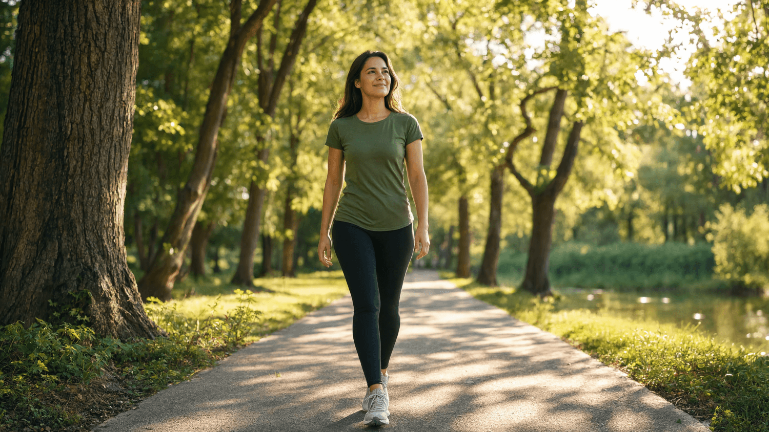 Person walking confidently along a sunny park pathway after a day of balanced meals and healthy habits.