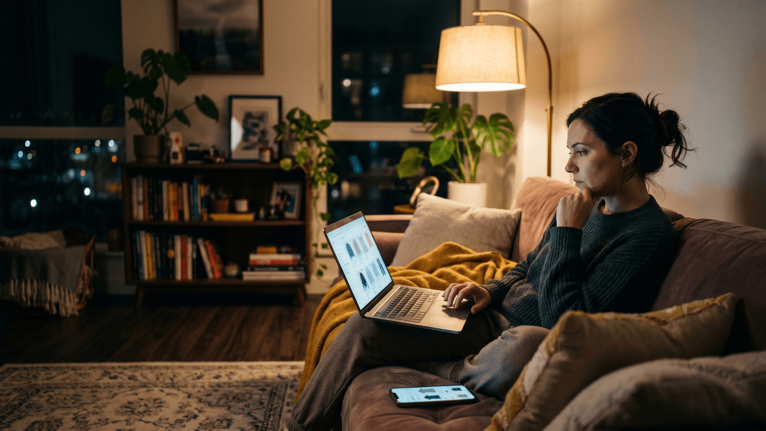 Person scrolling through online shopping websites late at night on a couch with a smartphone and laptop in a softly lit living room.