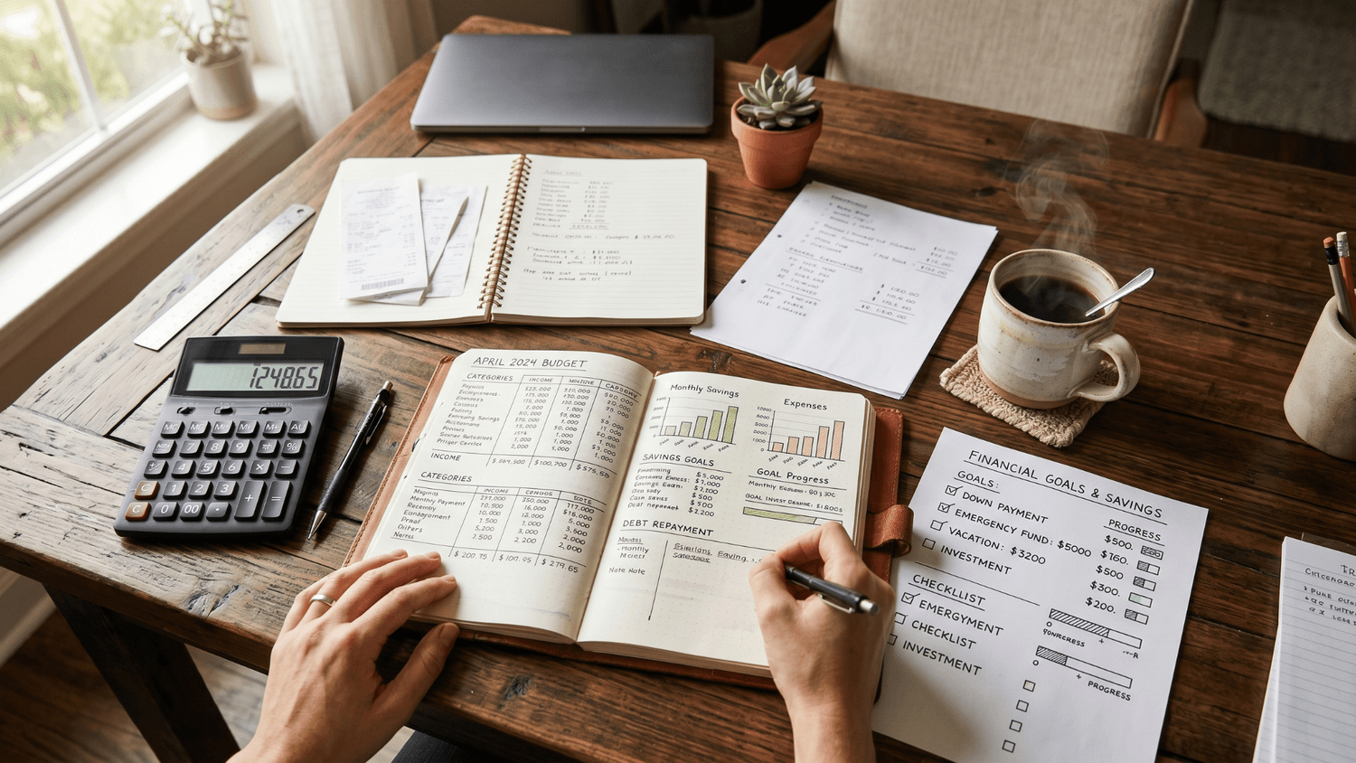 Overhead view of a budgeting session with financial notebooks, calculator, savings goals, and coffee mug on a wooden table in natural morning light.