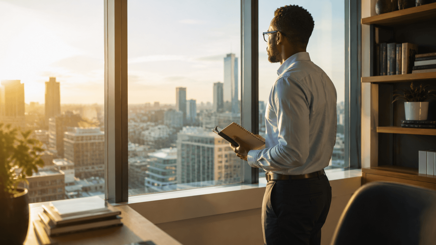 Professional standing beside a large window overlooking a city skyline while holding a notebook with financial goals in bright morning sunlight.