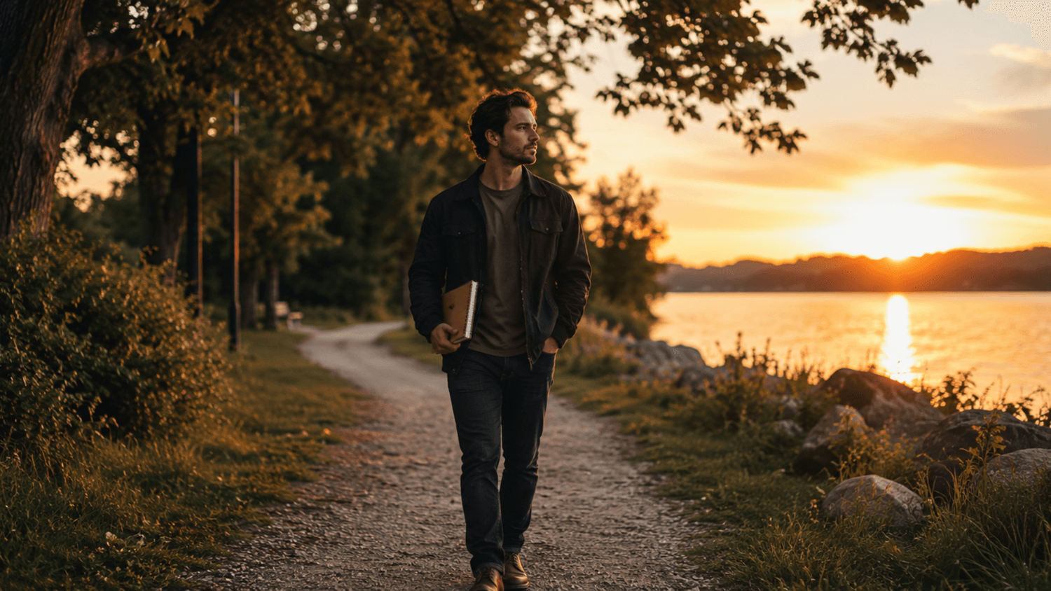 Individual walking along a quiet park trail during golden hour while reflecting on personal goals and carrying a notebook.