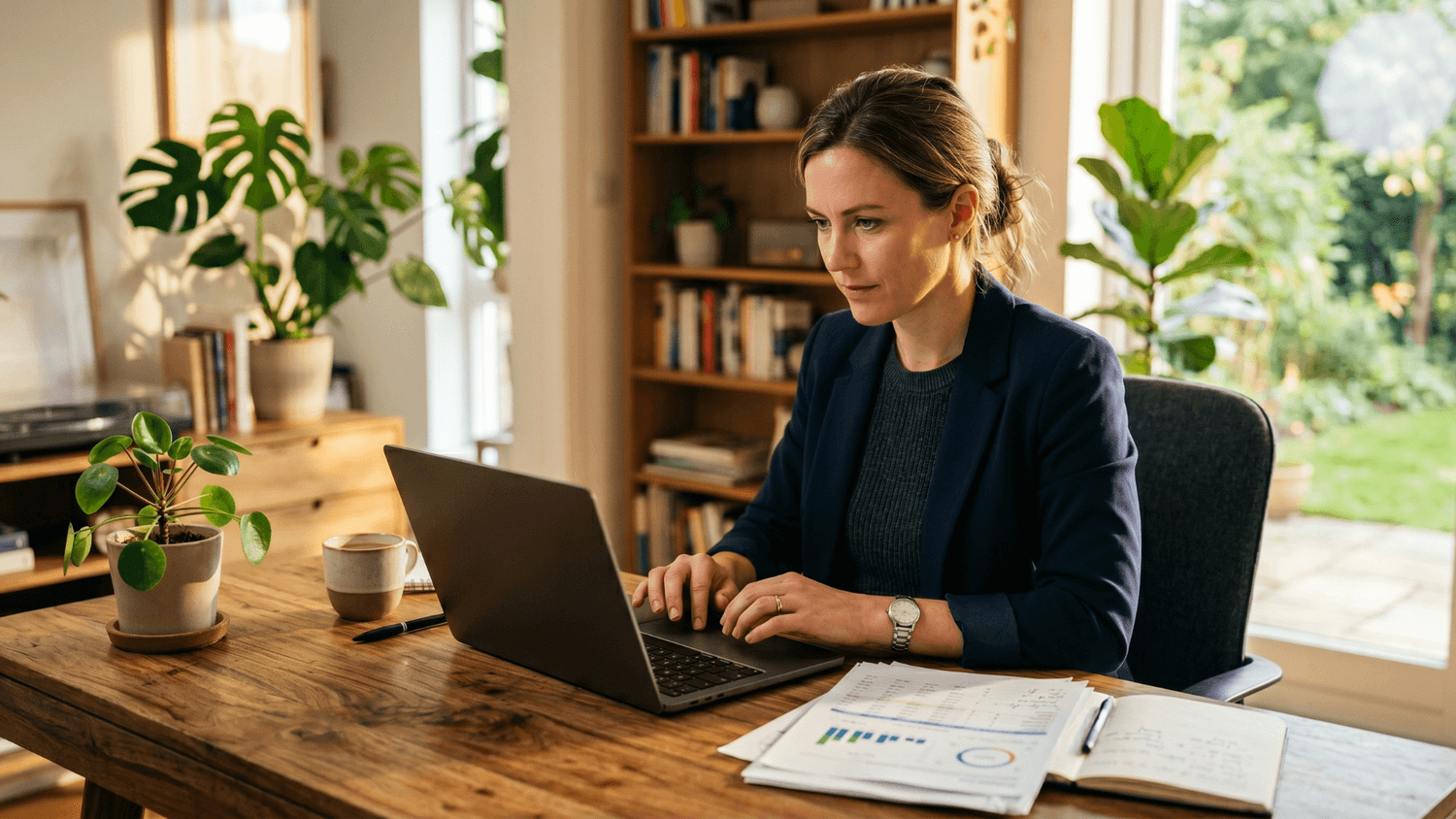 Person reviewing monthly savings growth on a laptop at a clean home office desk with financial documents nearby in bright afternoon light.