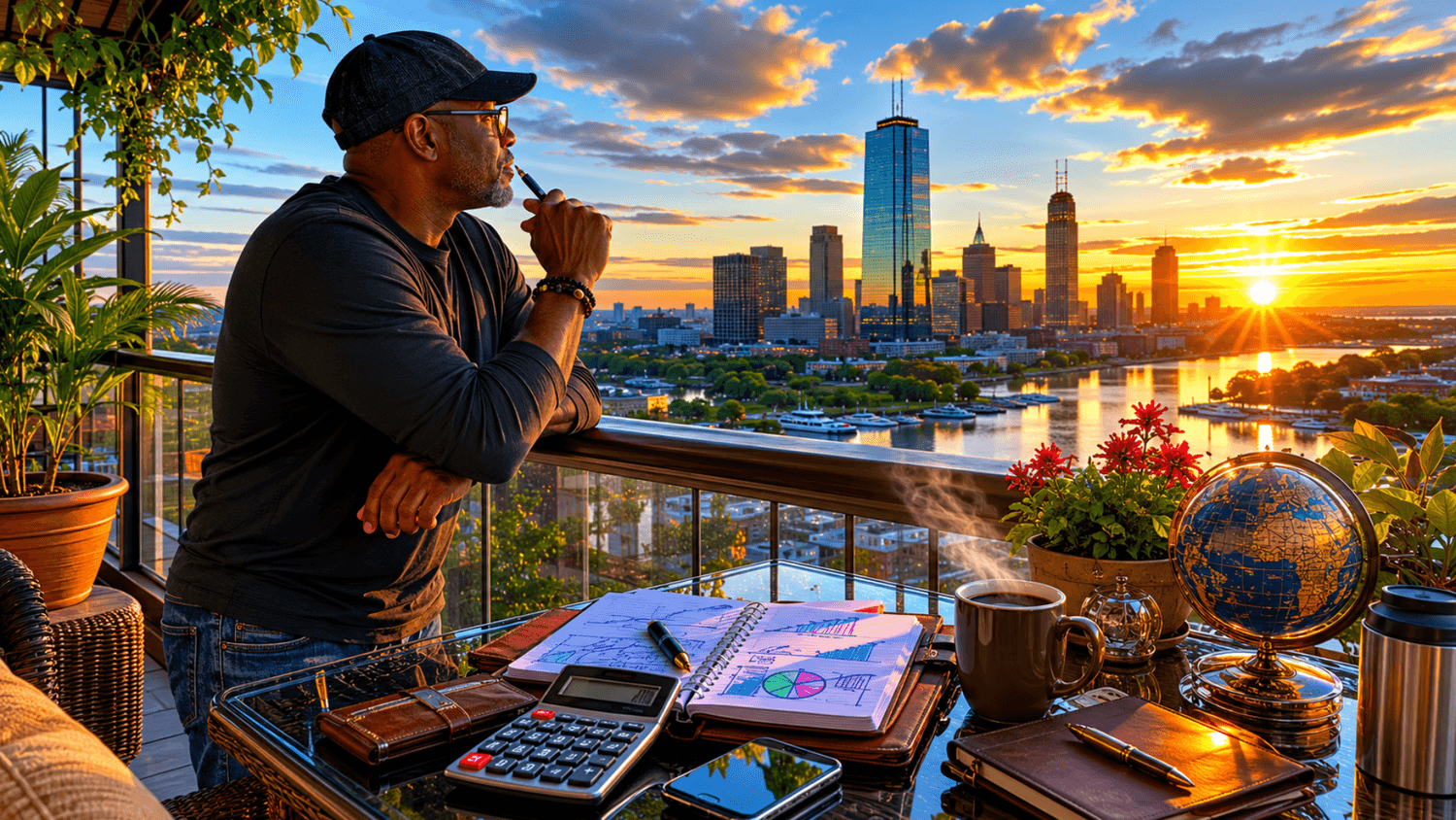 Person standing on a balcony at sunrise overlooking a city skyline while reviewing a personal financial plan with a confident posture.