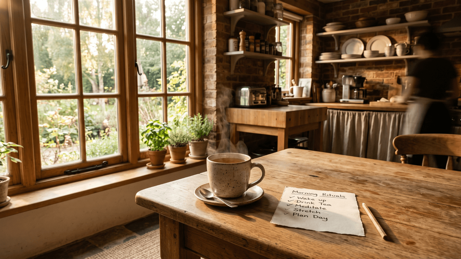 Morning kitchen with a handwritten checklist showing one completed task beside a cup of tea in warm sunlight.