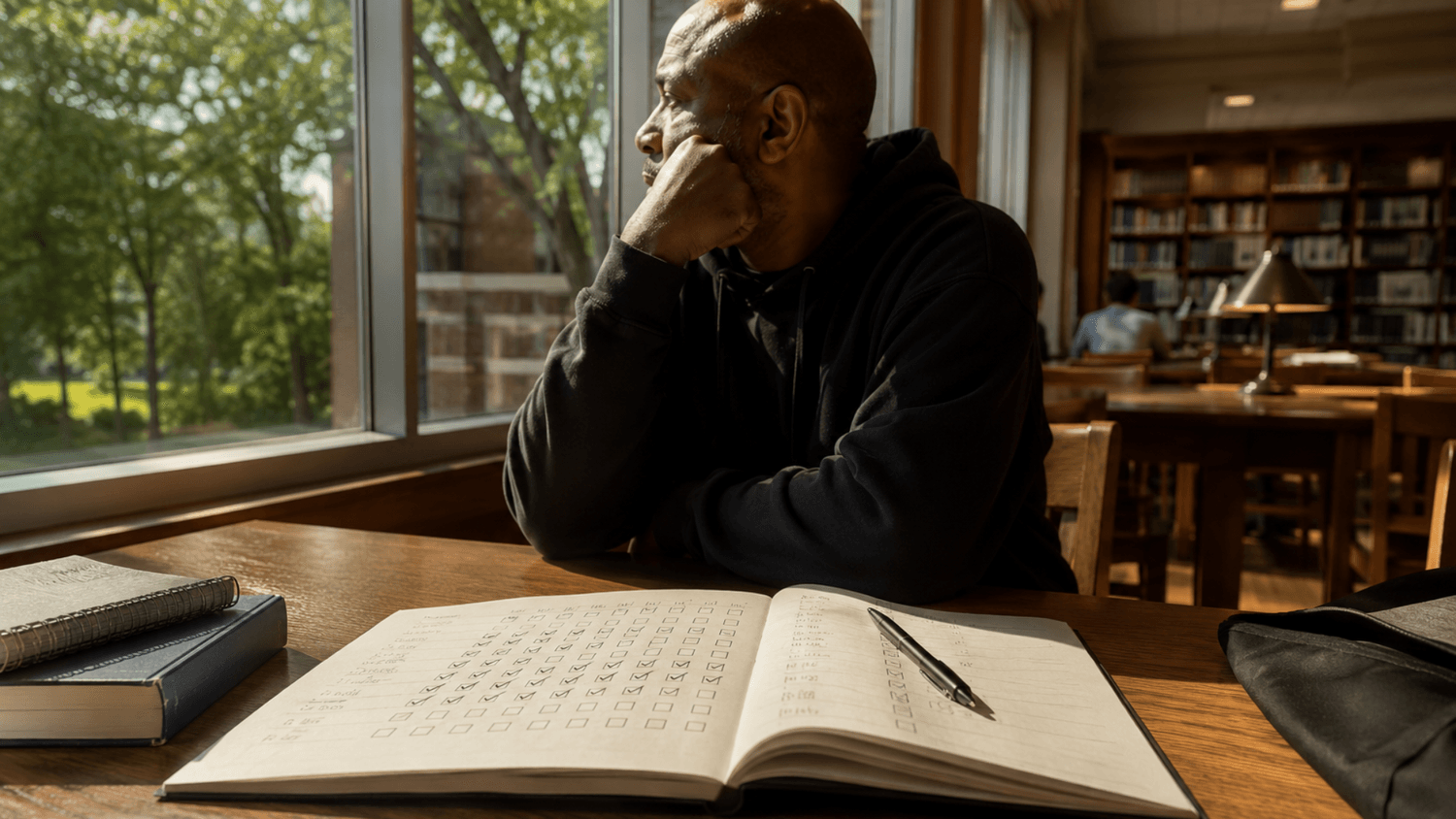 Open notebook with a checked-off daily habit tracker on a public library table as a person reflects by a large window.
