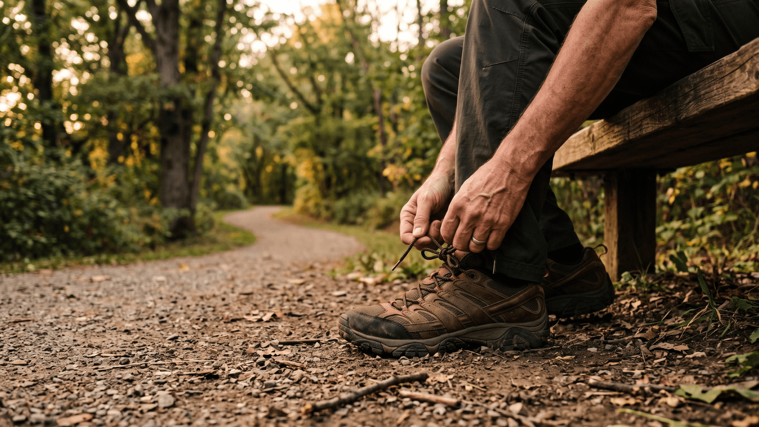 Person tying walking shoes on a neighborhood park trail before an evening walk surrounded by trees and golden-hour light.