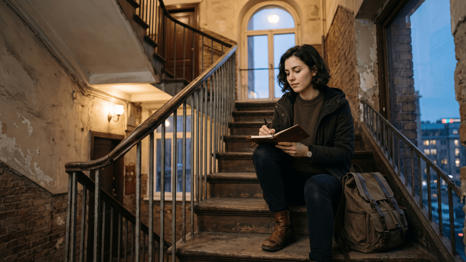 Person sitting on an apartment stairwell at dusk writing one achievable goal in a small notebook before leaving.