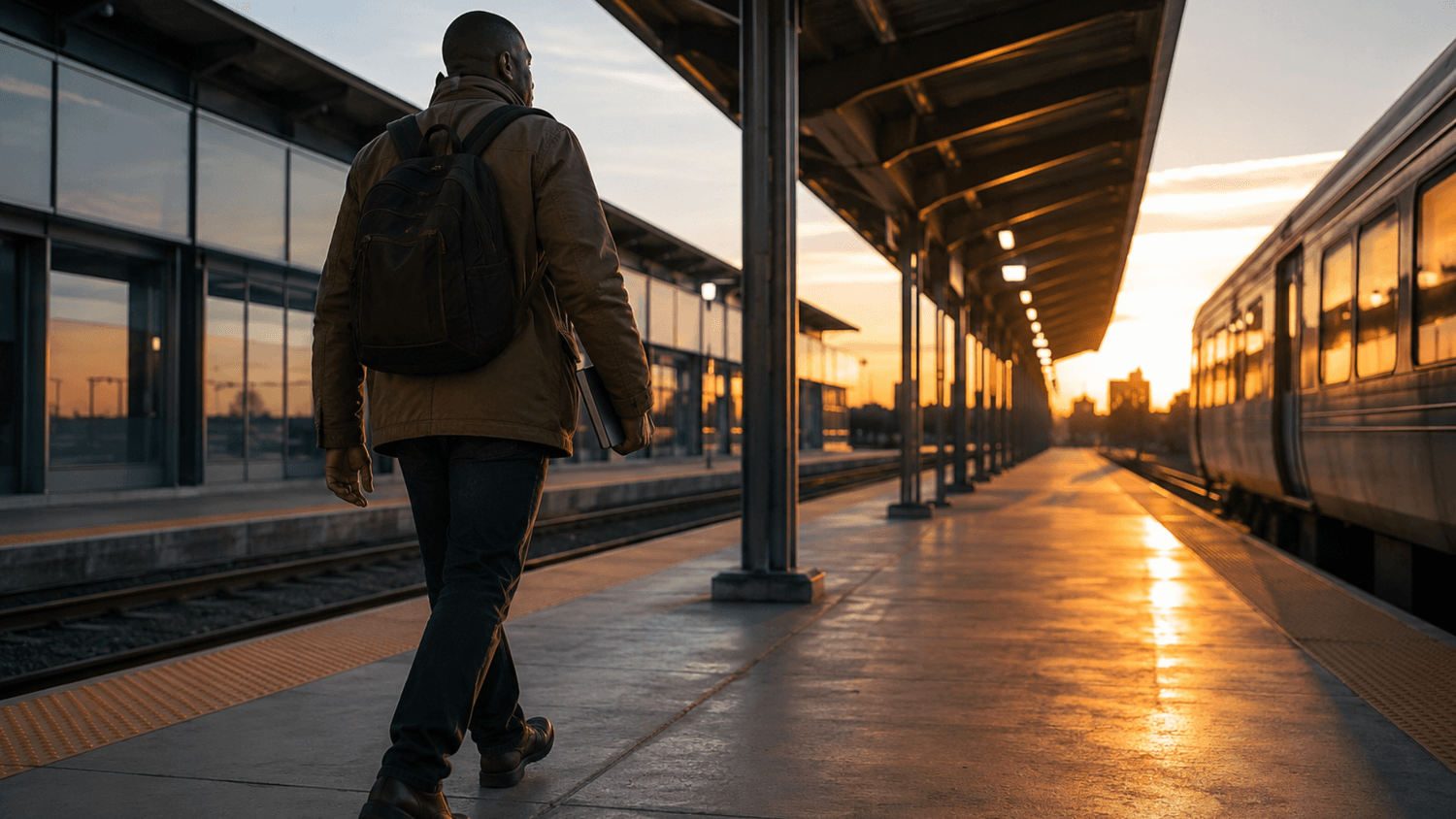 Person carrying a small backpack and notebook while confidently stepping onto an early morning commuter train platform.